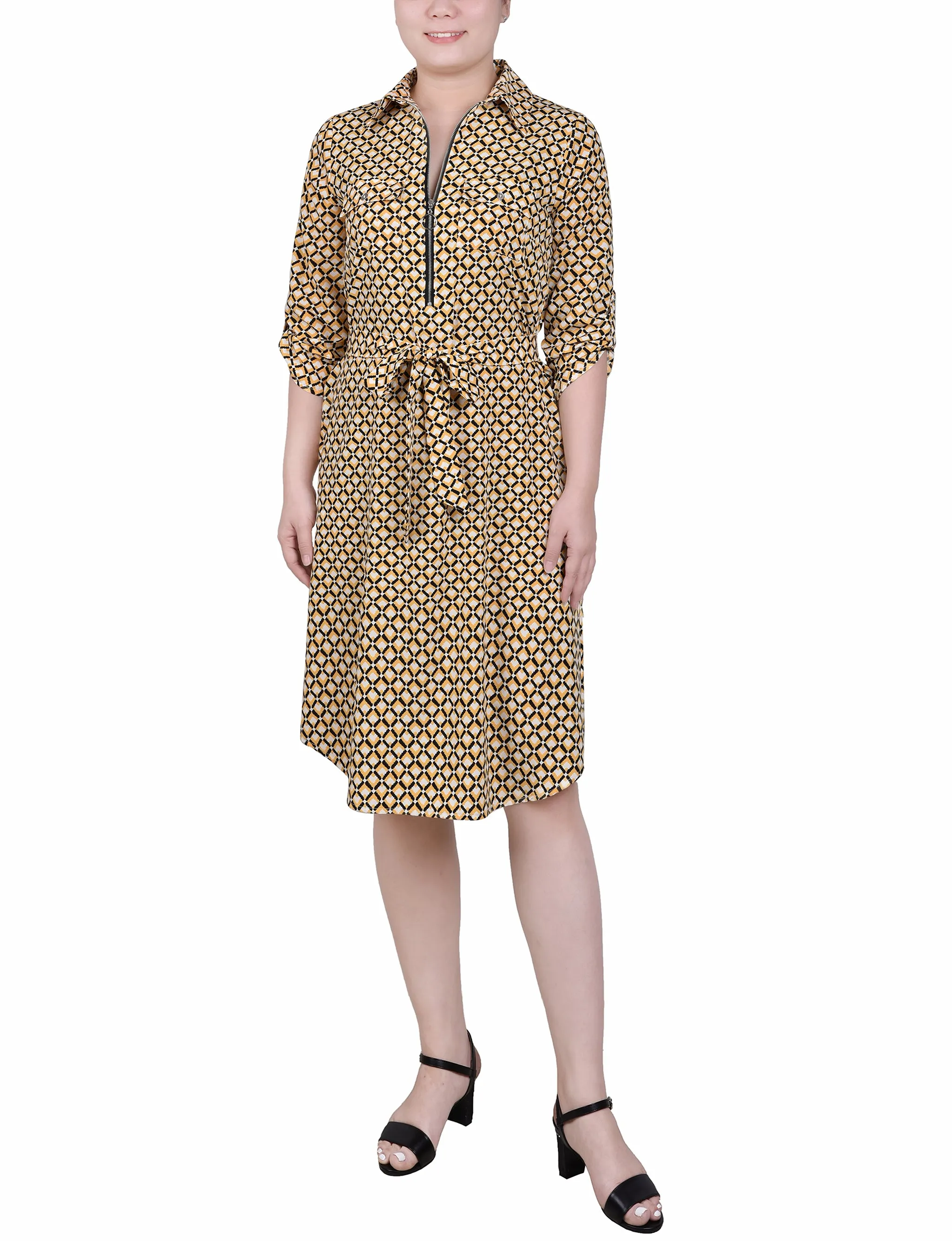 3/4 Roll Tab Zip Front Shirtdress