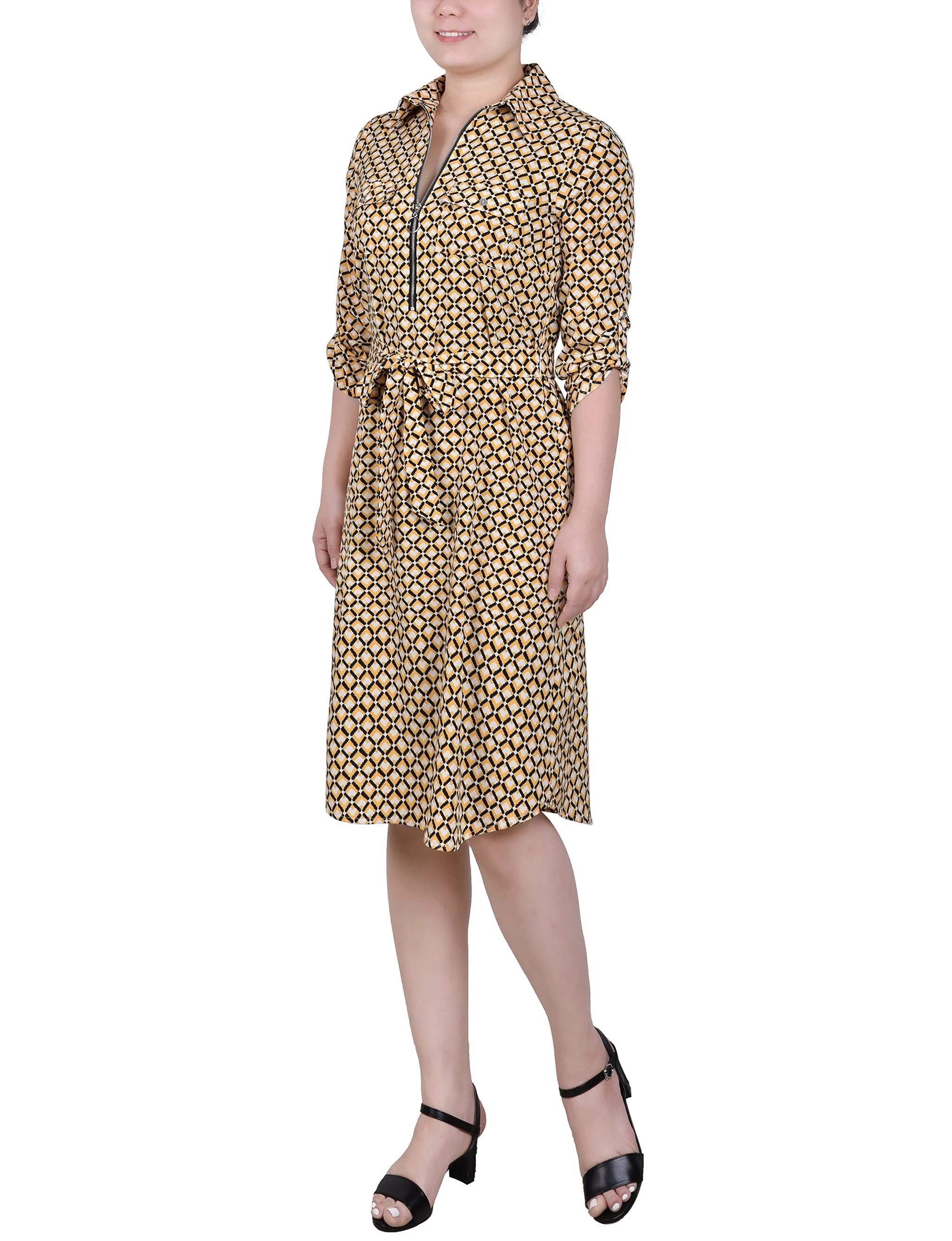 3/4 Roll Tab Zip Front Shirtdress