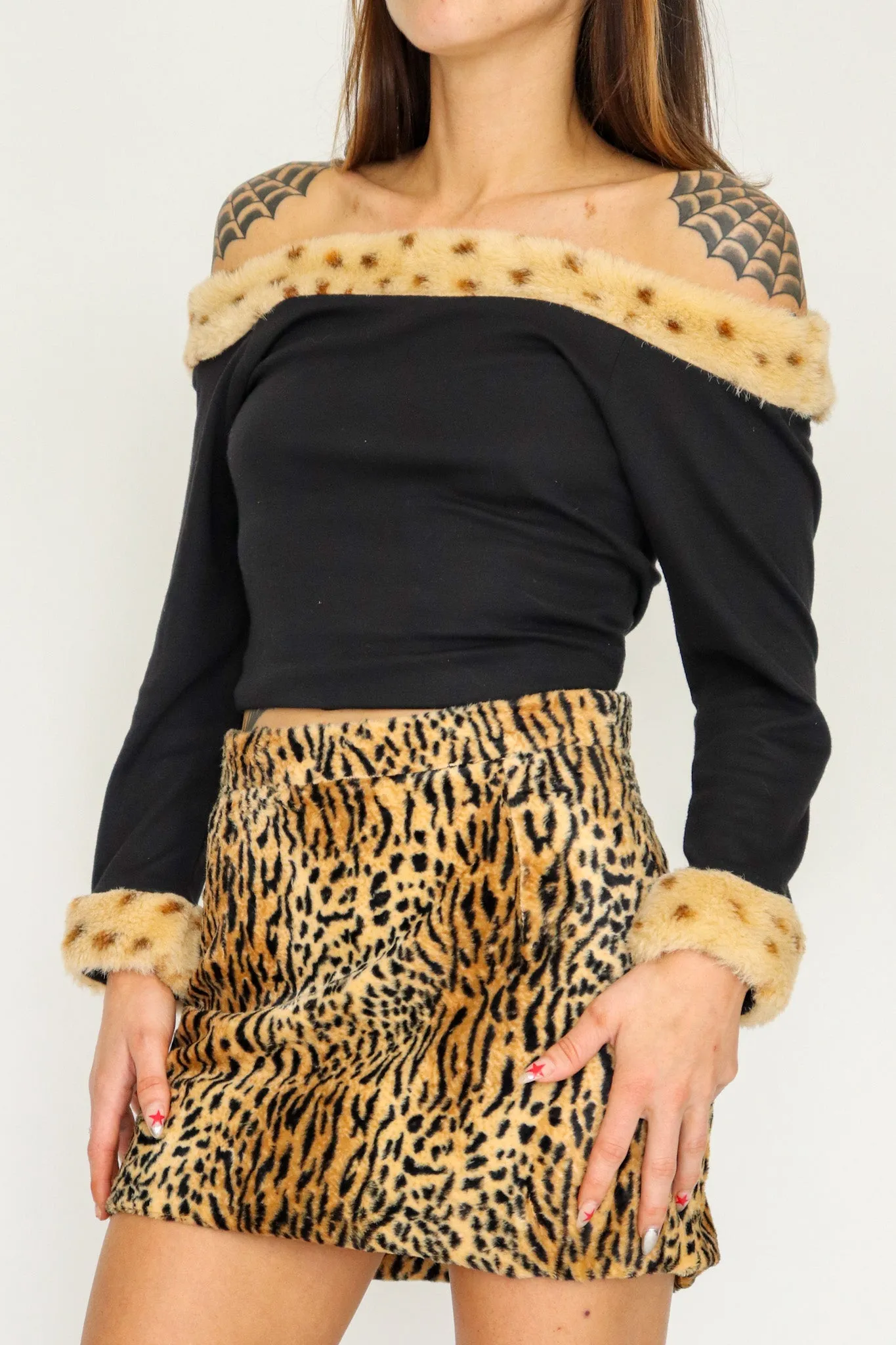 90s Vintage Off Shoulder Animal Print Blouse