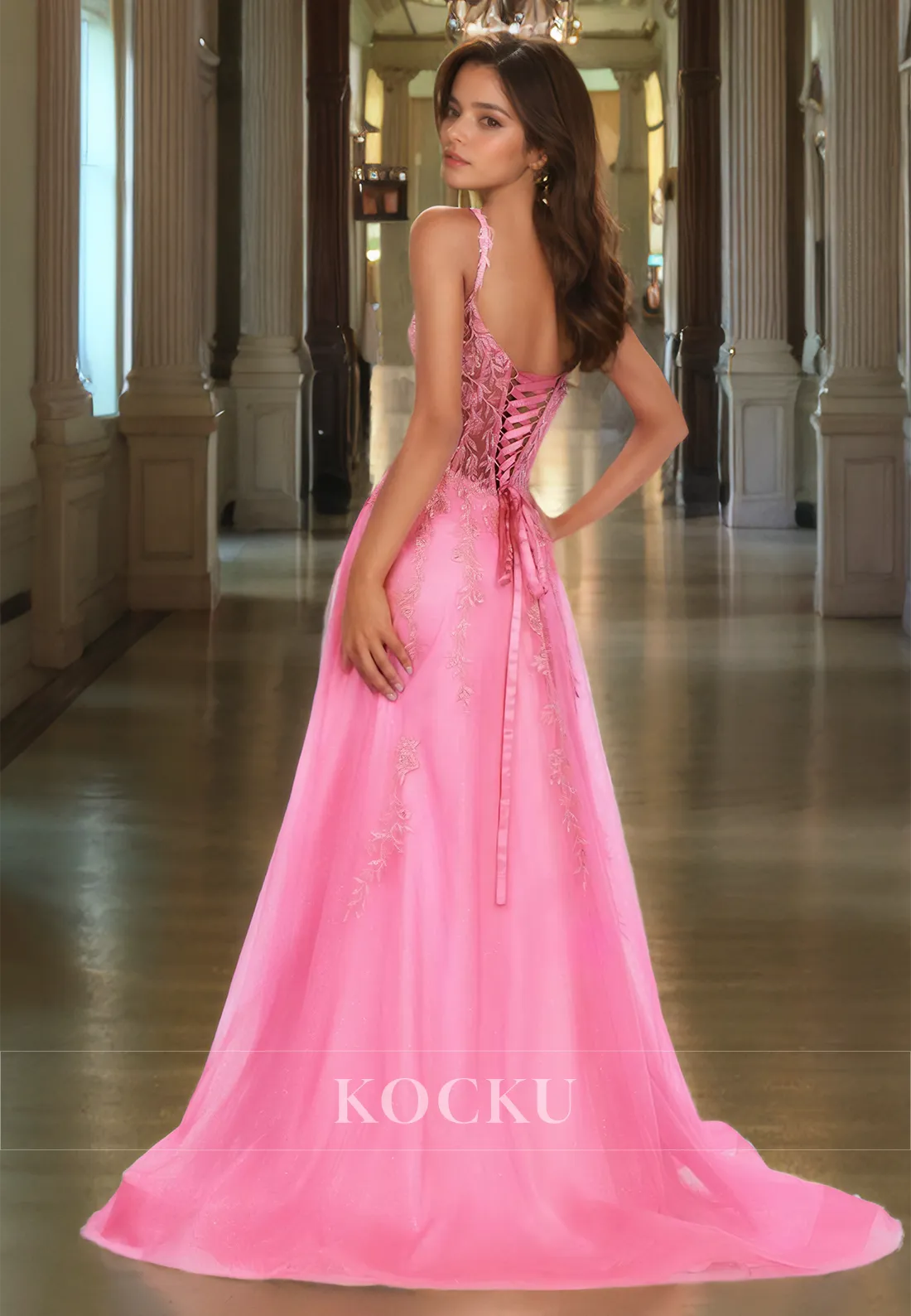 A-Line Spaghetti Straps V-Neck Prom Dress Sleeveless Stripe Train Lace Evening Dress with Appliques