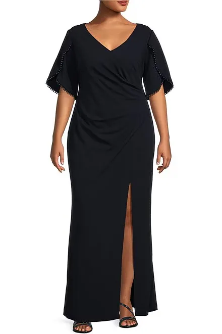 Adrianna Papell V-Neck Embellished Sleeve Slit Front Zipper Back Crepe Dress ( Plus Size )