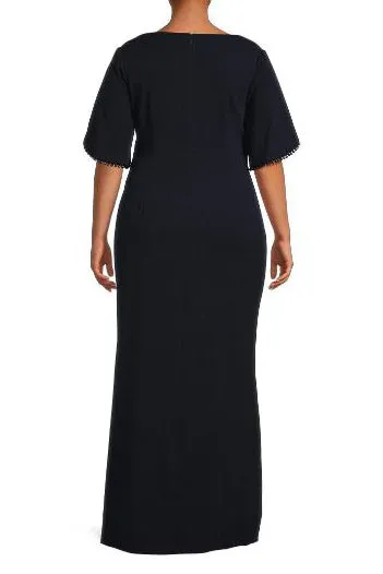 Adrianna Papell V-Neck Embellished Sleeve Slit Front Zipper Back Crepe Dress ( Plus Size )