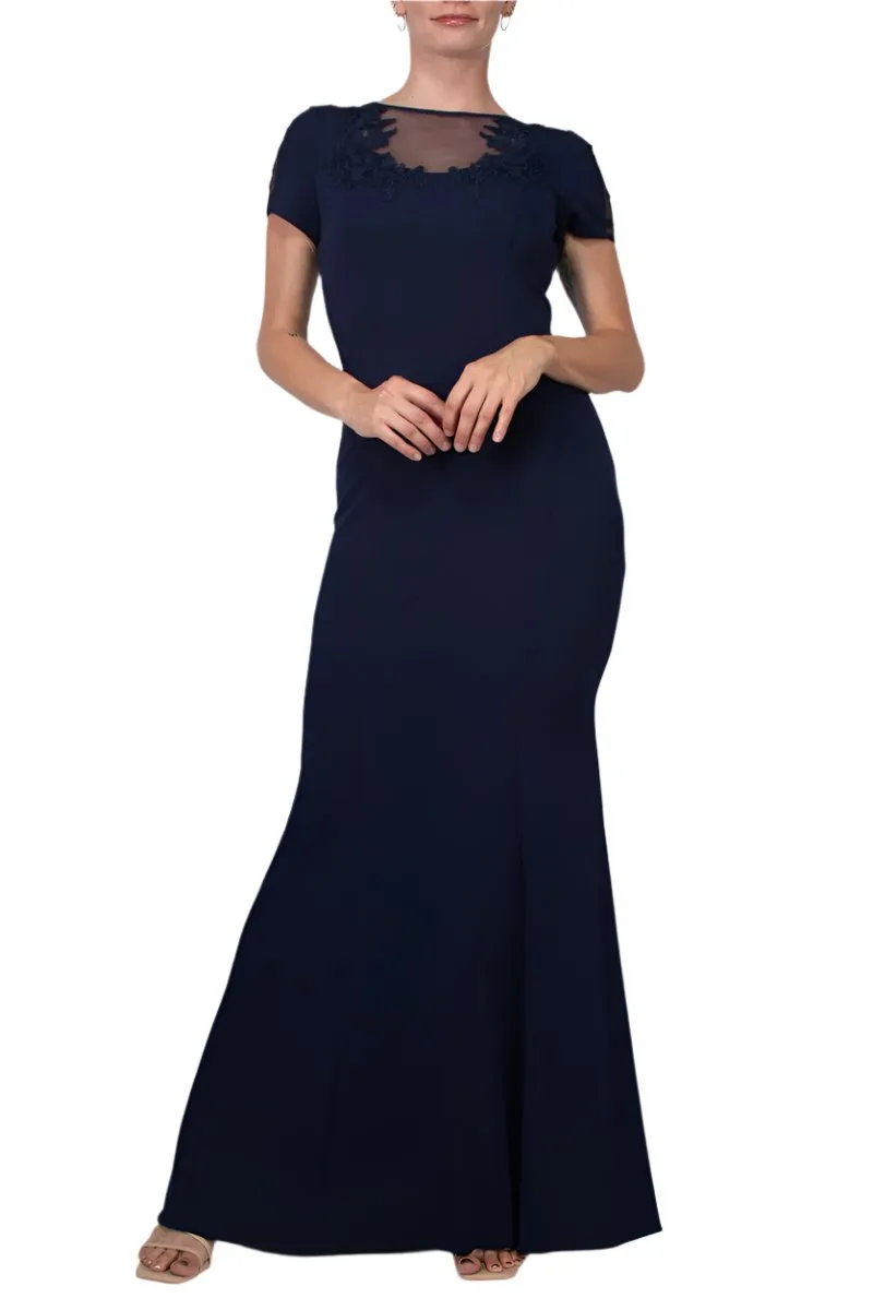 Aidan Mattox Illusion Embellished Crew Neck Short Sleeve Trumpet Keyhole Back Concealed Zipper Back Crepe Gown