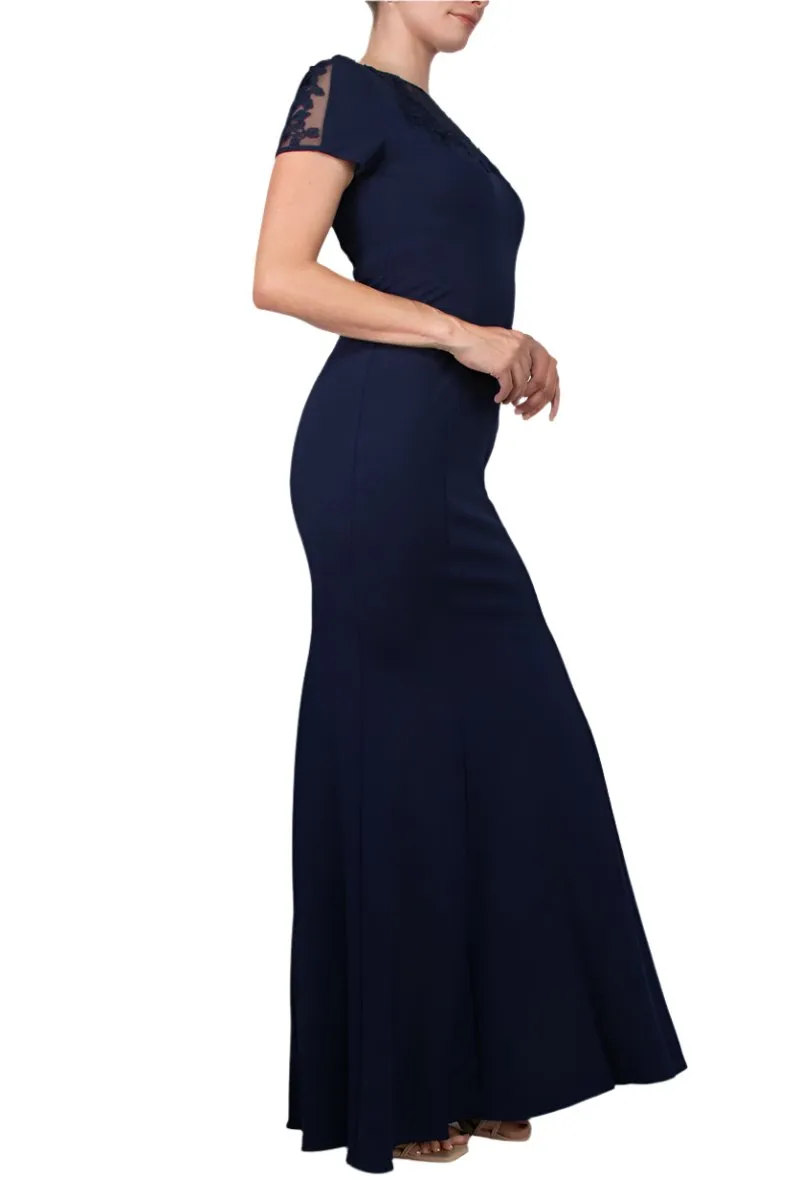 Aidan Mattox Illusion Embellished Crew Neck Short Sleeve Trumpet Keyhole Back Concealed Zipper Back Crepe Gown