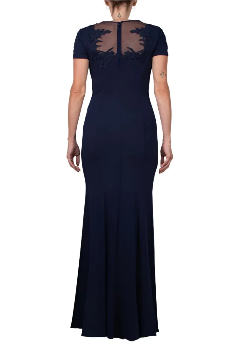 Aidan Mattox Illusion Embellished Crew Neck Short Sleeve Trumpet Keyhole Back Concealed Zipper Back Crepe Gown