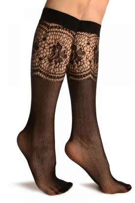 Black Fishnet With Crochet Socks Knee High