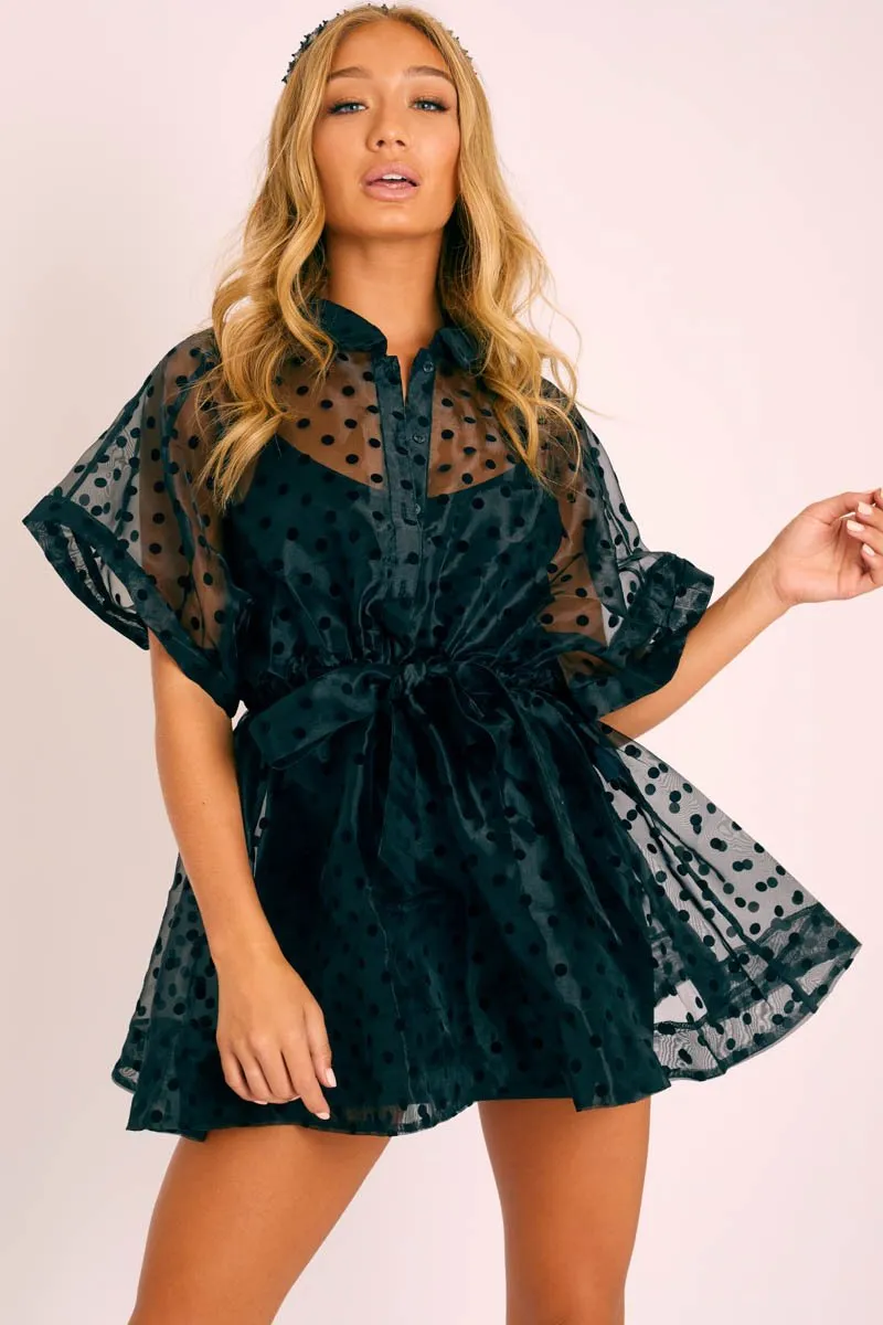 Black Organza Polka Slip Insert Shirt Dress - Nathalia