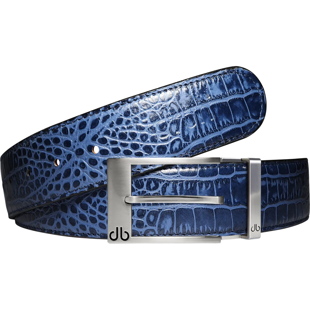 Blue Crocodile Textured Leather Belt with Prong Buckle