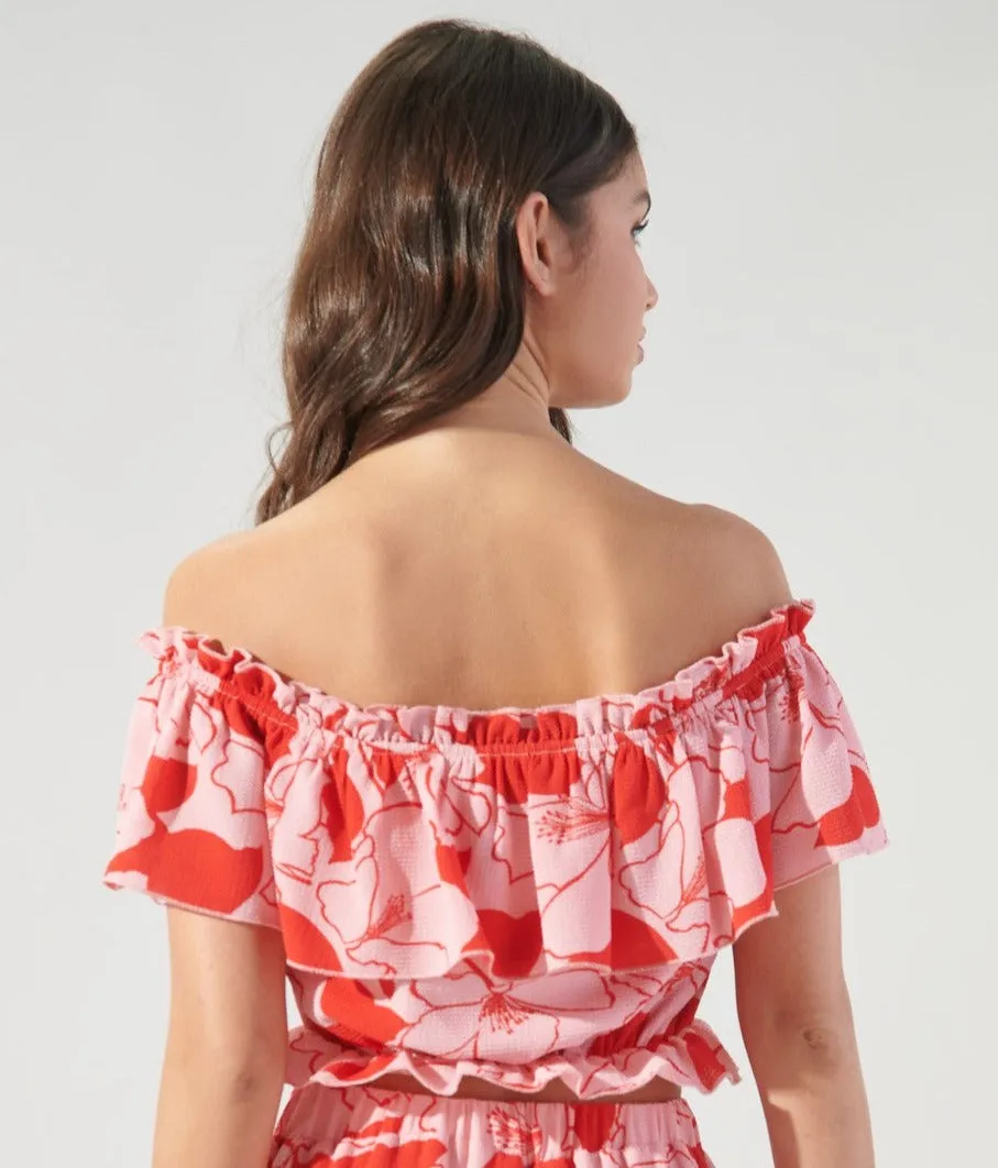 Caliente Pink Lemonade Ruffle Off the Shoulder Crop Top by Sugarlips