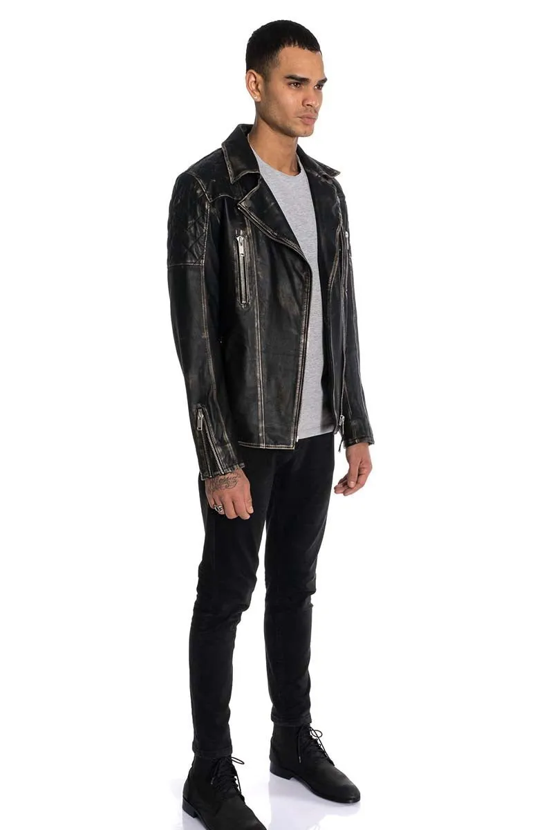 Clark Men's Distressed Lambskin Leather Moto Jacket - Black