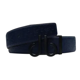 Dark Blue Db Icon Pattern Embossed Leather Belt With Druh Db Black Icon Buckle