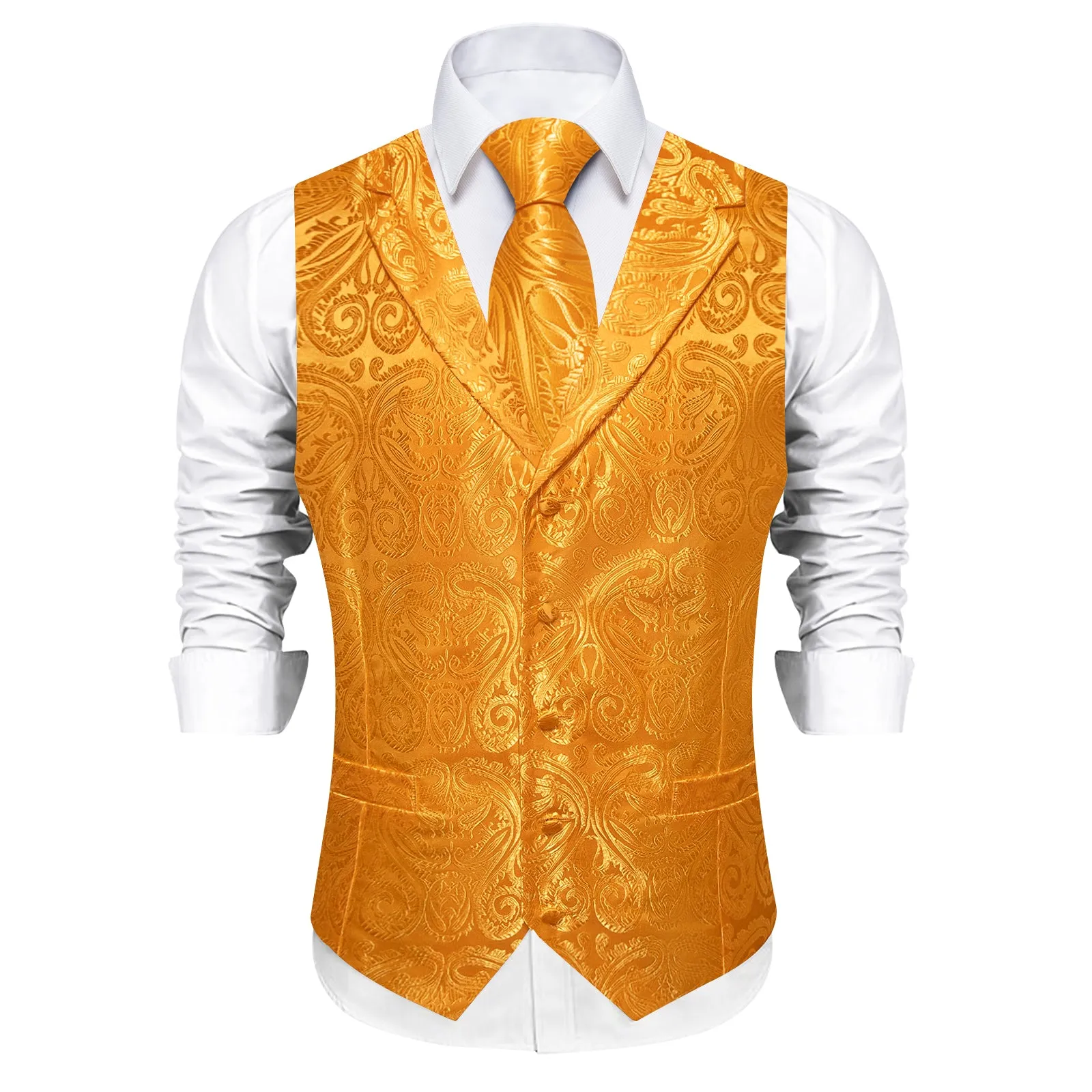 DiBanGu Fulvous Orange Paisley Notched Collar Silk Mens Vest Tie Set