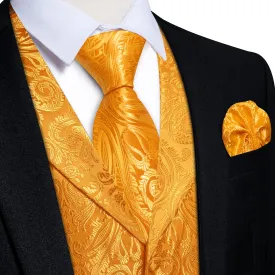 DiBanGu Fulvous Orange Paisley Notched Collar Silk Mens Vest Tie Set