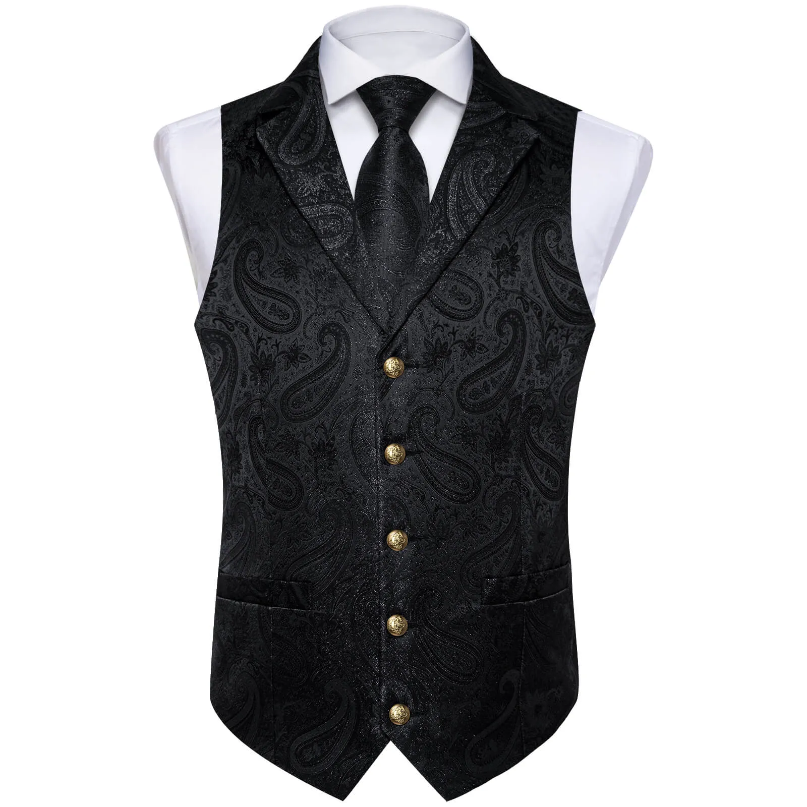 DiBanGu Men's Vest Obsidian Black Woven Paisley Silk Suit Vest Tie Set