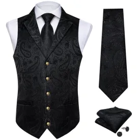 DiBanGu Men's Vest Obsidian Black Woven Paisley Silk Suit Vest Tie Set