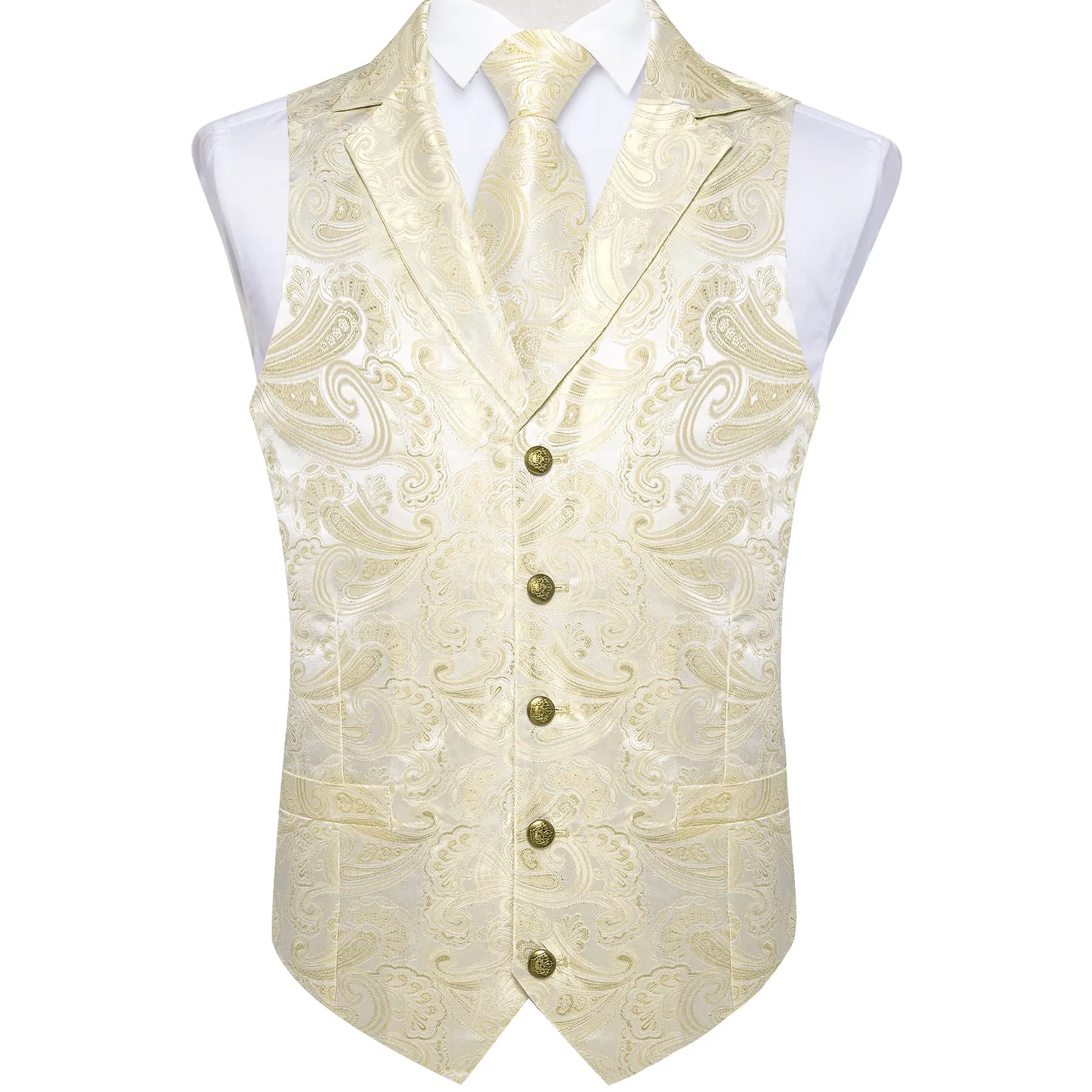 DiBanGu Notched Collar Vest Champagne Floral V Neck Mens Waistcoat Vest Tie Set