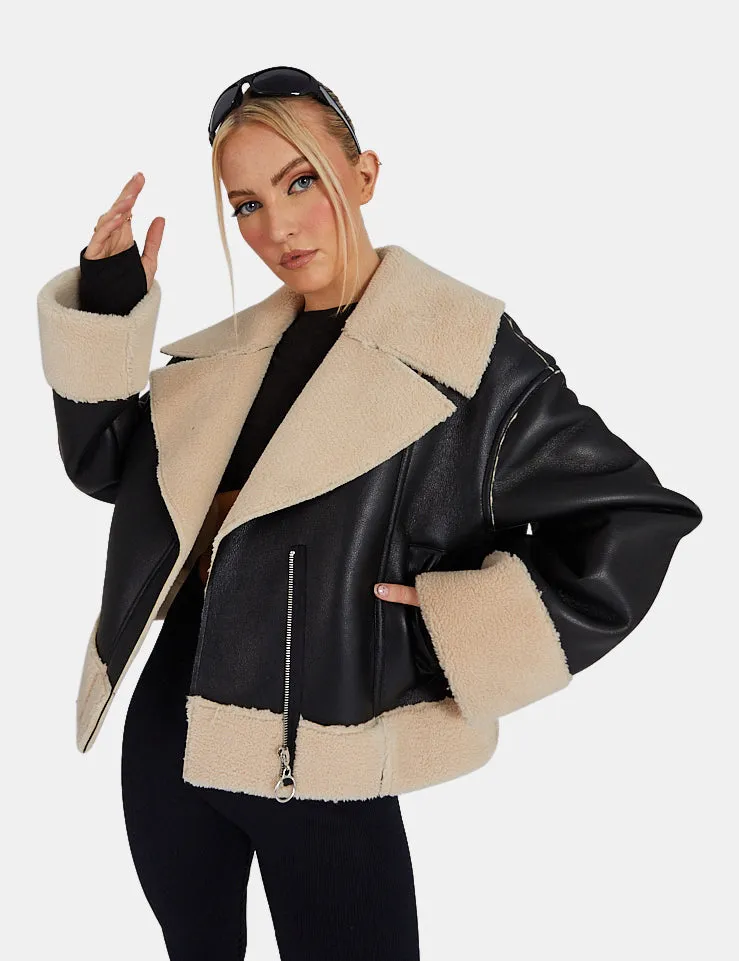 Fur Lined Cropped Aviator Coat Black