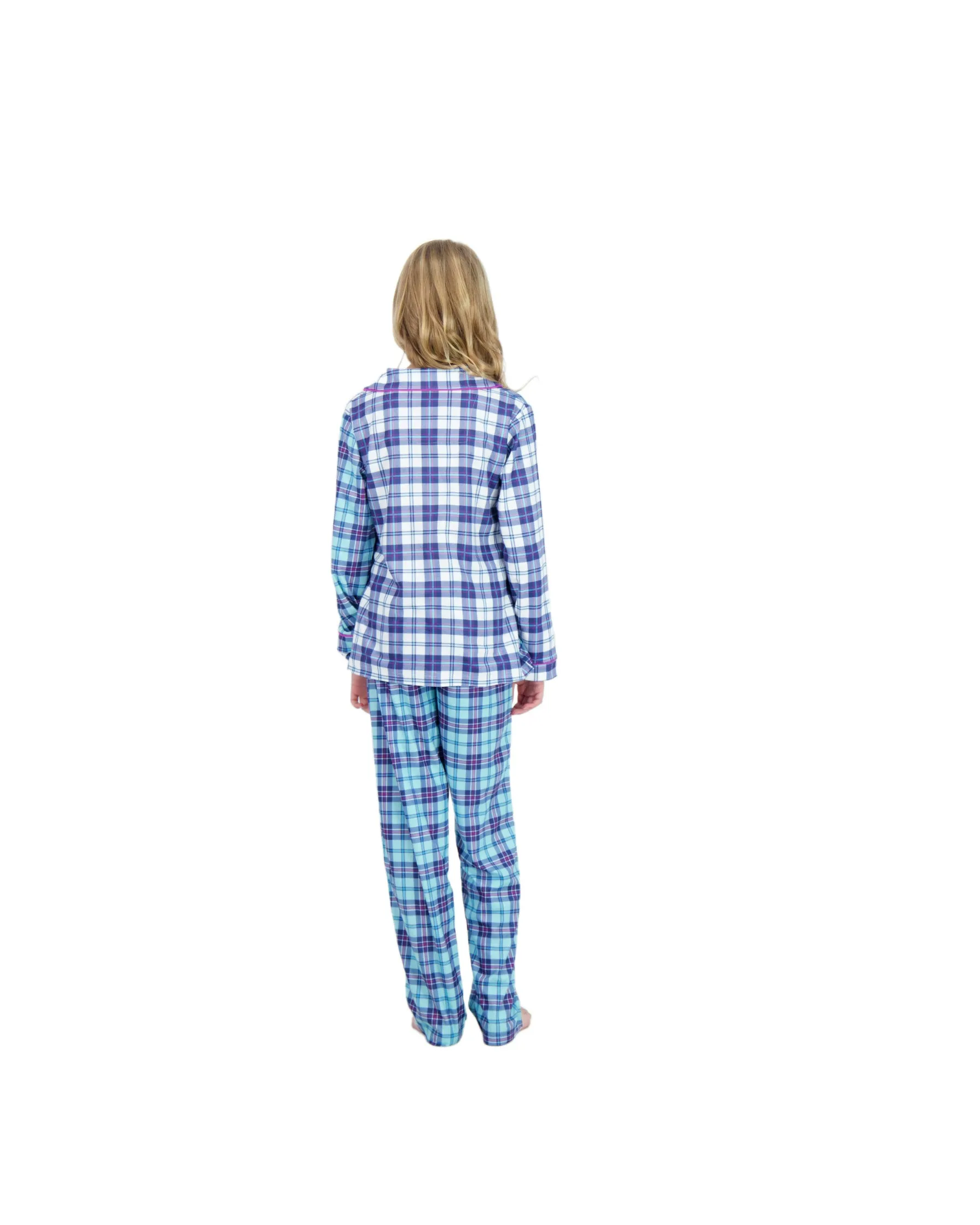 Girls 2-Piece Brushed Jersey Button-Front Coat Pajama Set- Plaid, with Matching Scrunchie, Multicolored Girls Pajama Set