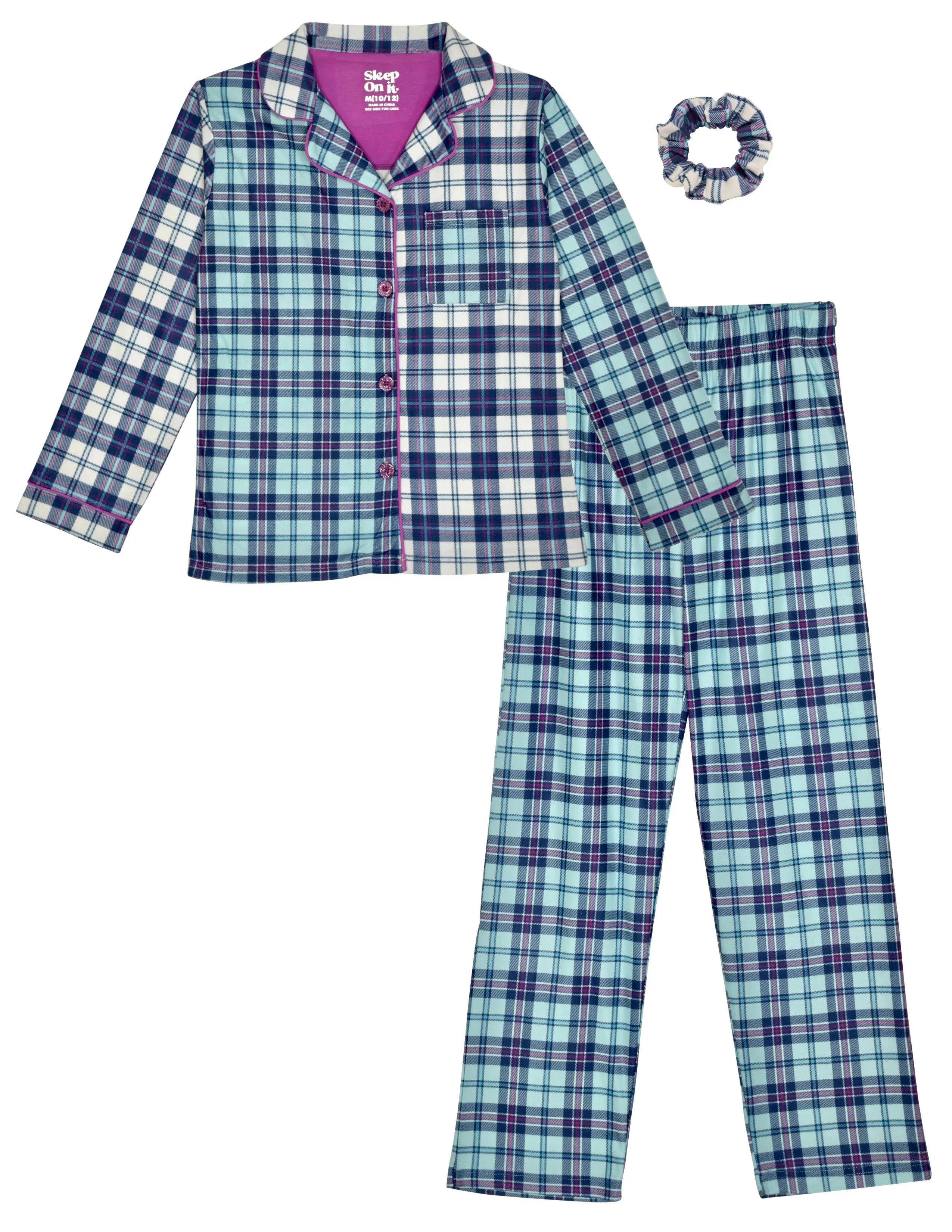 Girls 2-Piece Brushed Jersey Button-Front Coat Pajama Set- Plaid, with Matching Scrunchie, Multicolored Girls Pajama Set