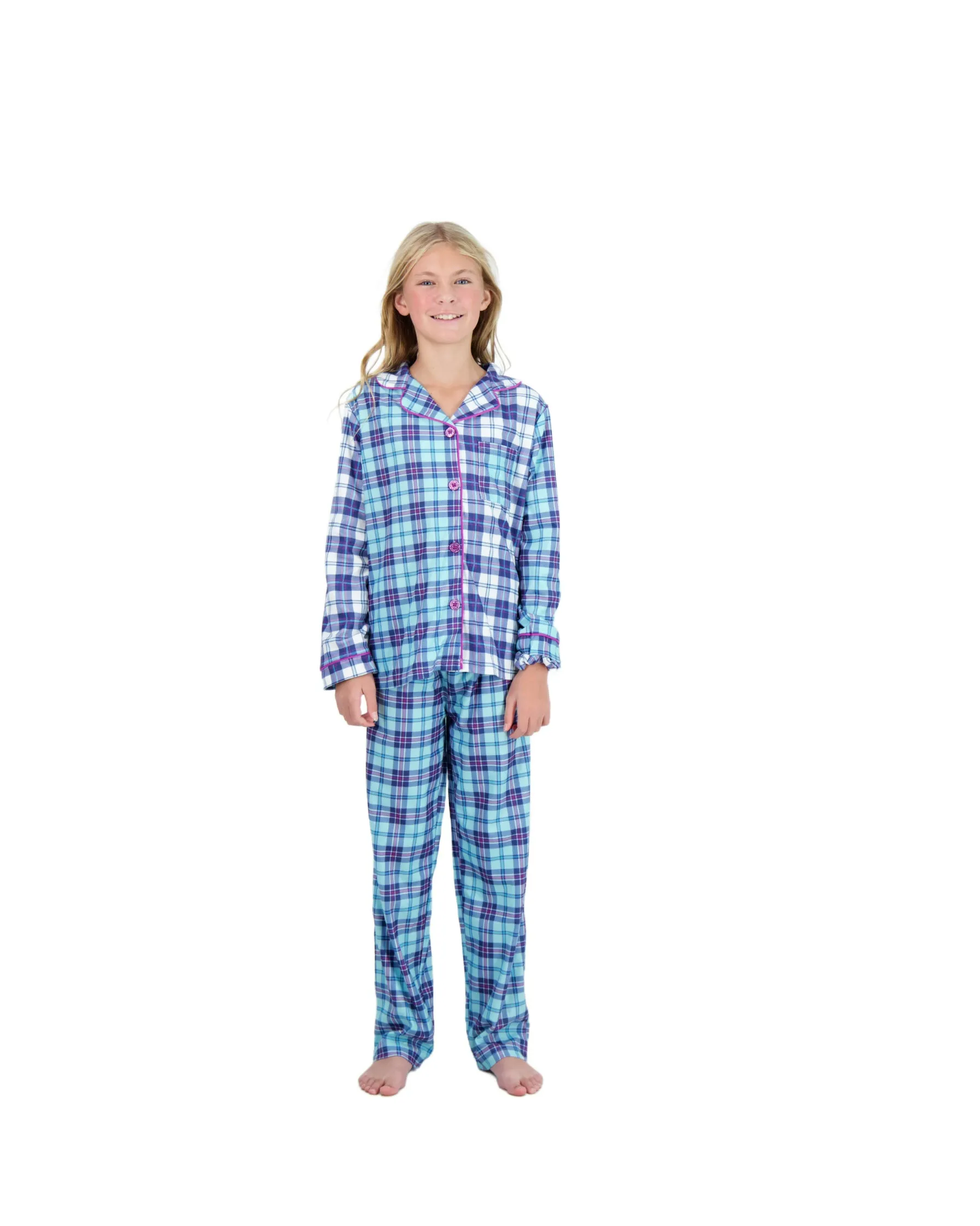 Girls 2-Piece Brushed Jersey Button-Front Coat Pajama Set- Plaid, with Matching Scrunchie, Multicolored Girls Pajama Set