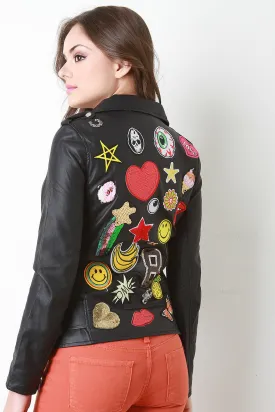 Graphic Patched Back Vegan Leather Moto Jacket