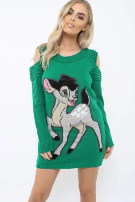 Green Festive Deer Cold Shouldered Jumper Dress - Catarina