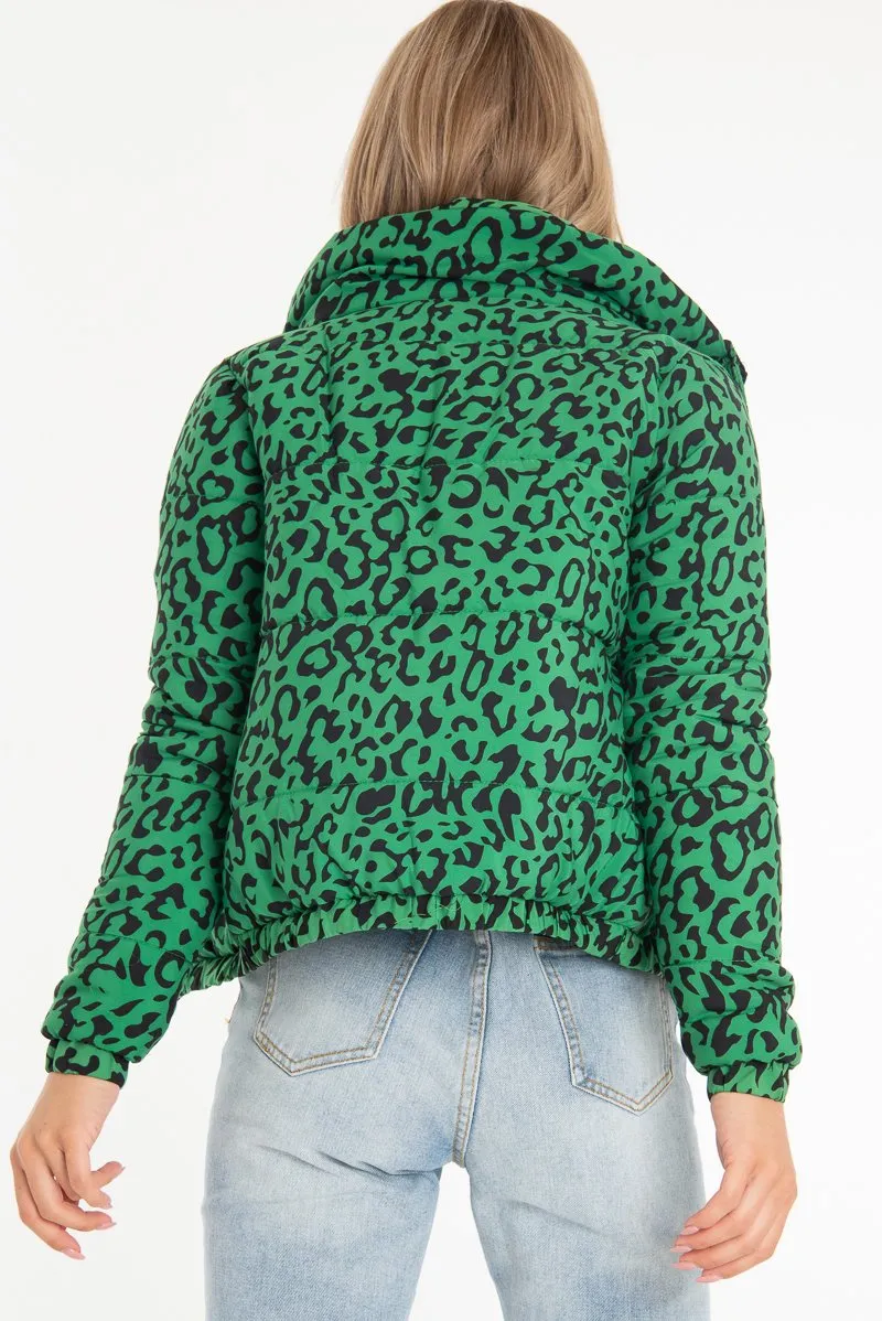 Green Leopard Print Zip Front Puffer Coat - Lidya