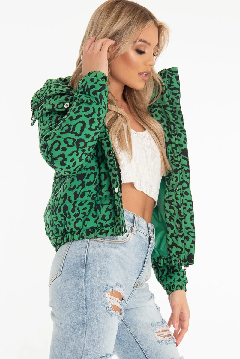 Green Leopard Print Zip Front Puffer Coat - Lidya