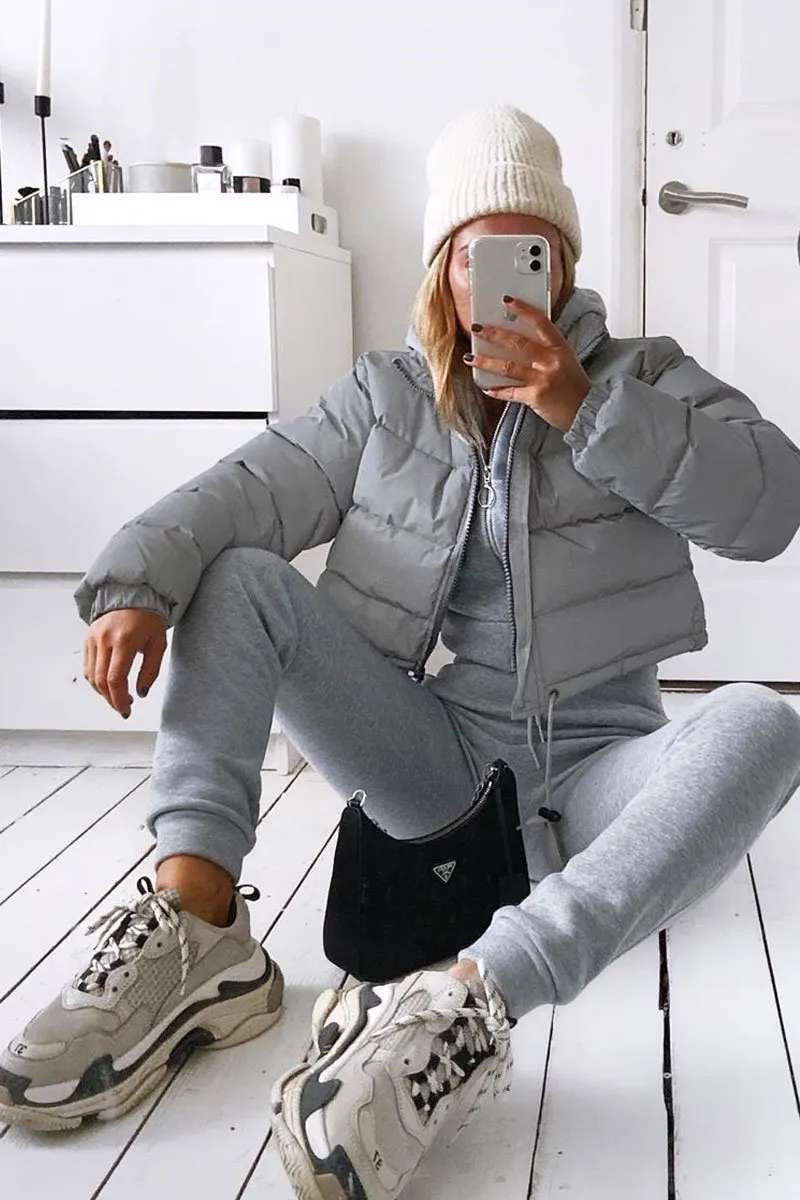 Grey Padded Cropped Puffer Coat - Cameo