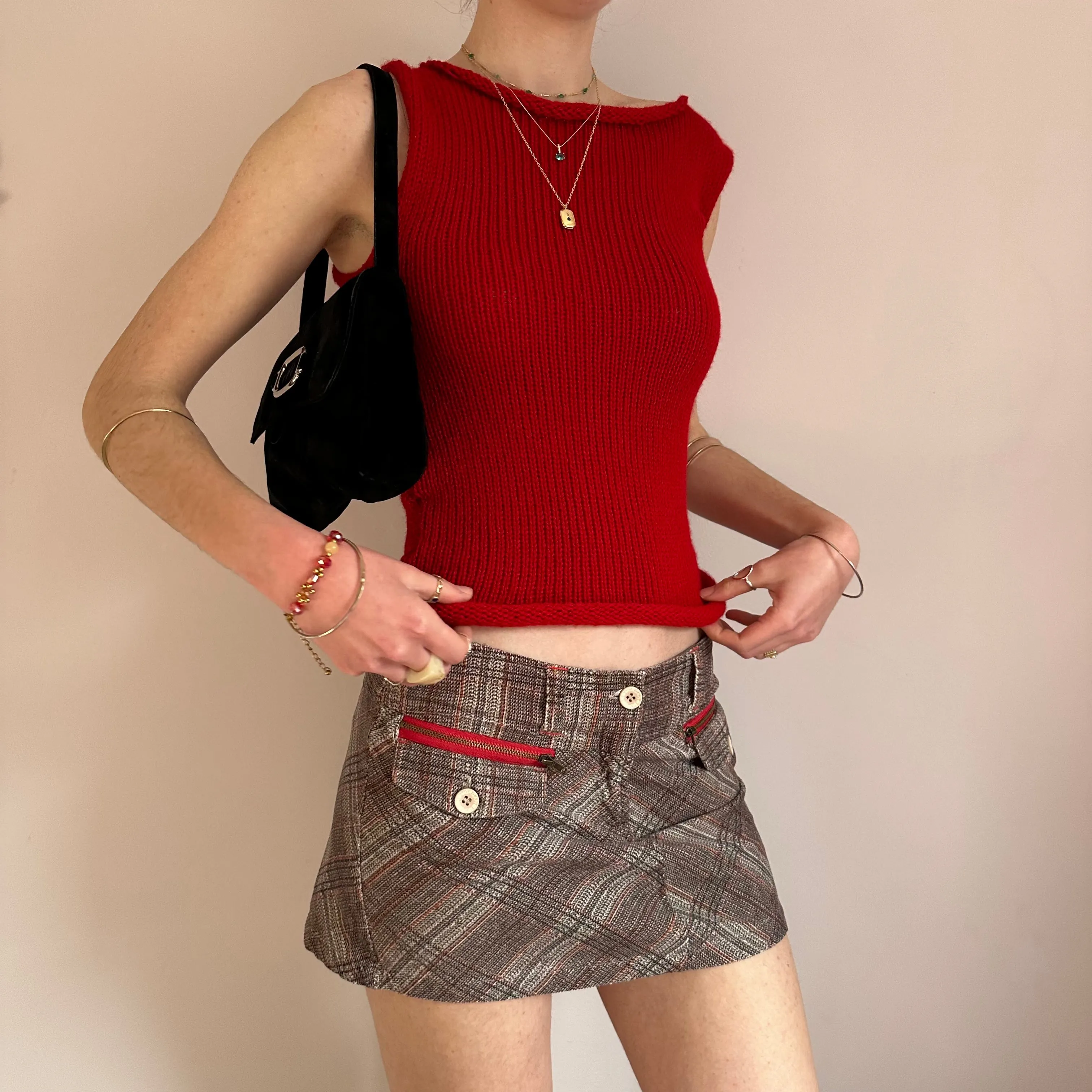 Handmade dark red off the shoulder knit vest