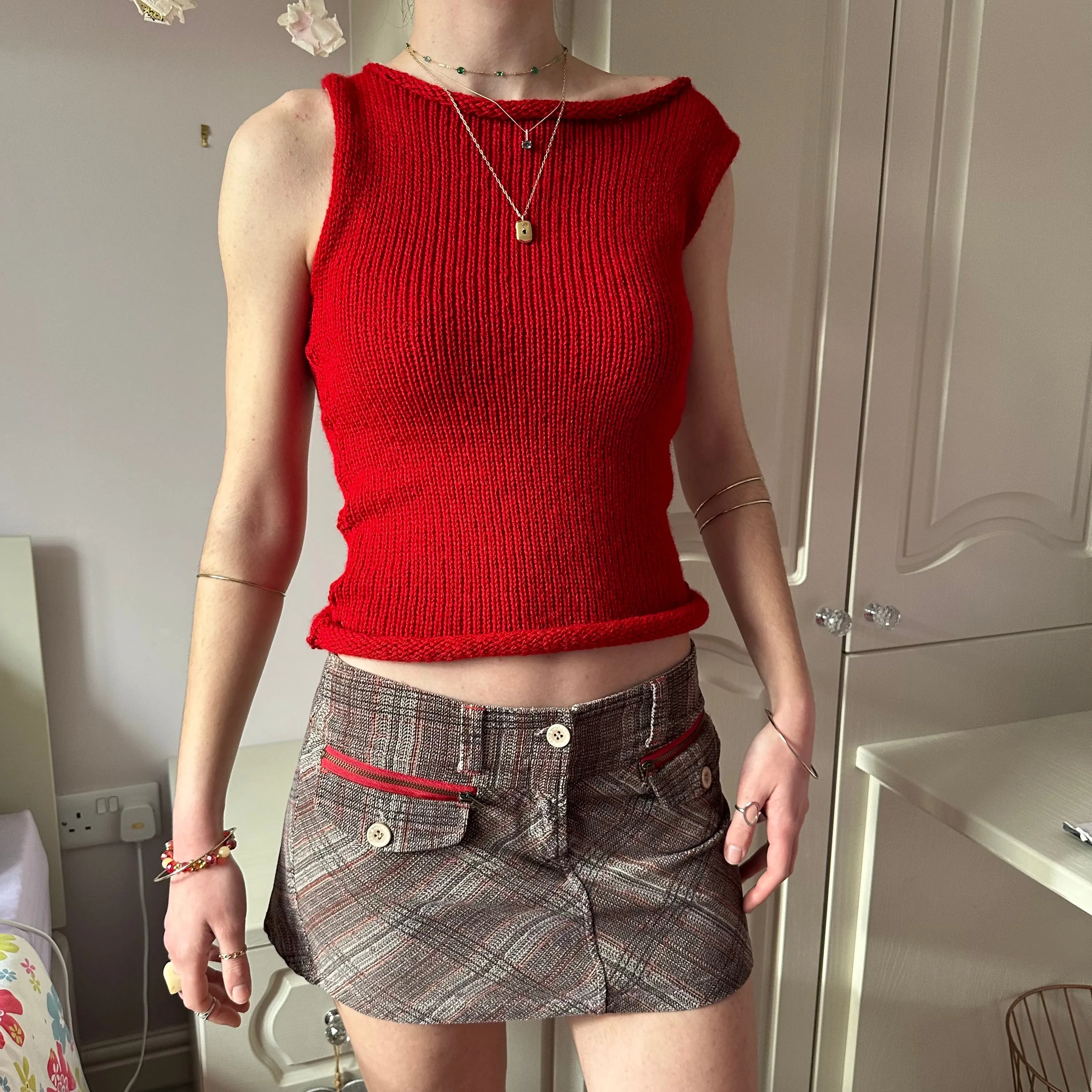 Handmade dark red off the shoulder knit vest