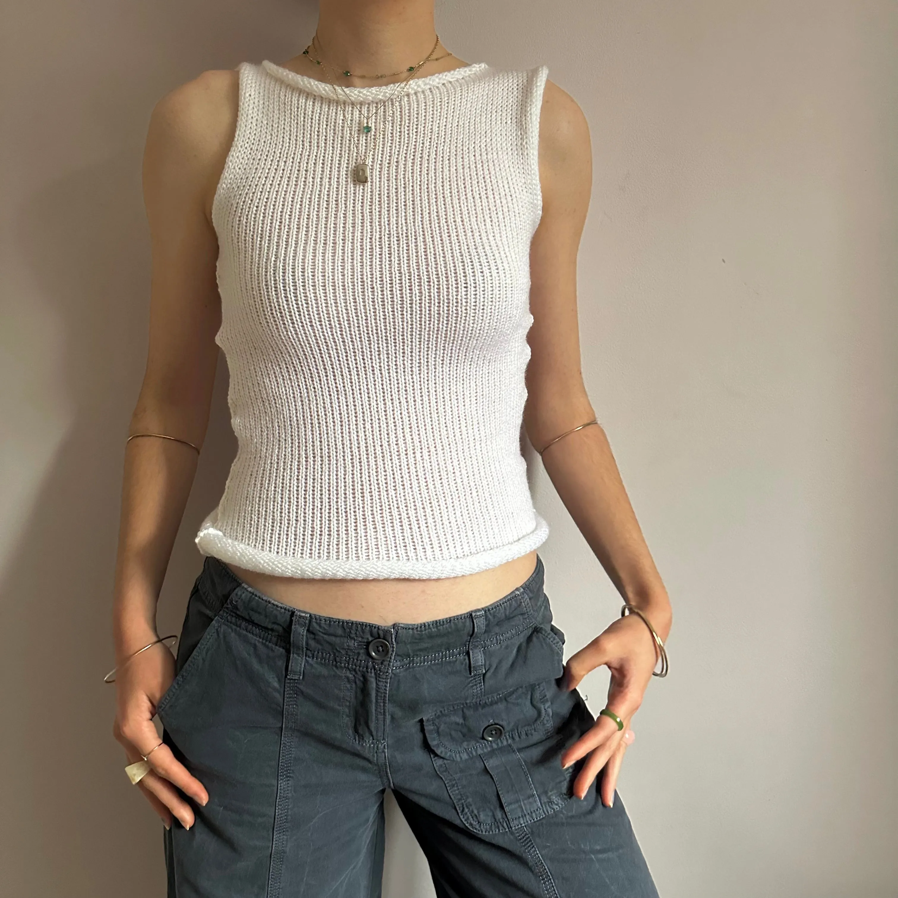 Handmade white off the shoulder knit vest