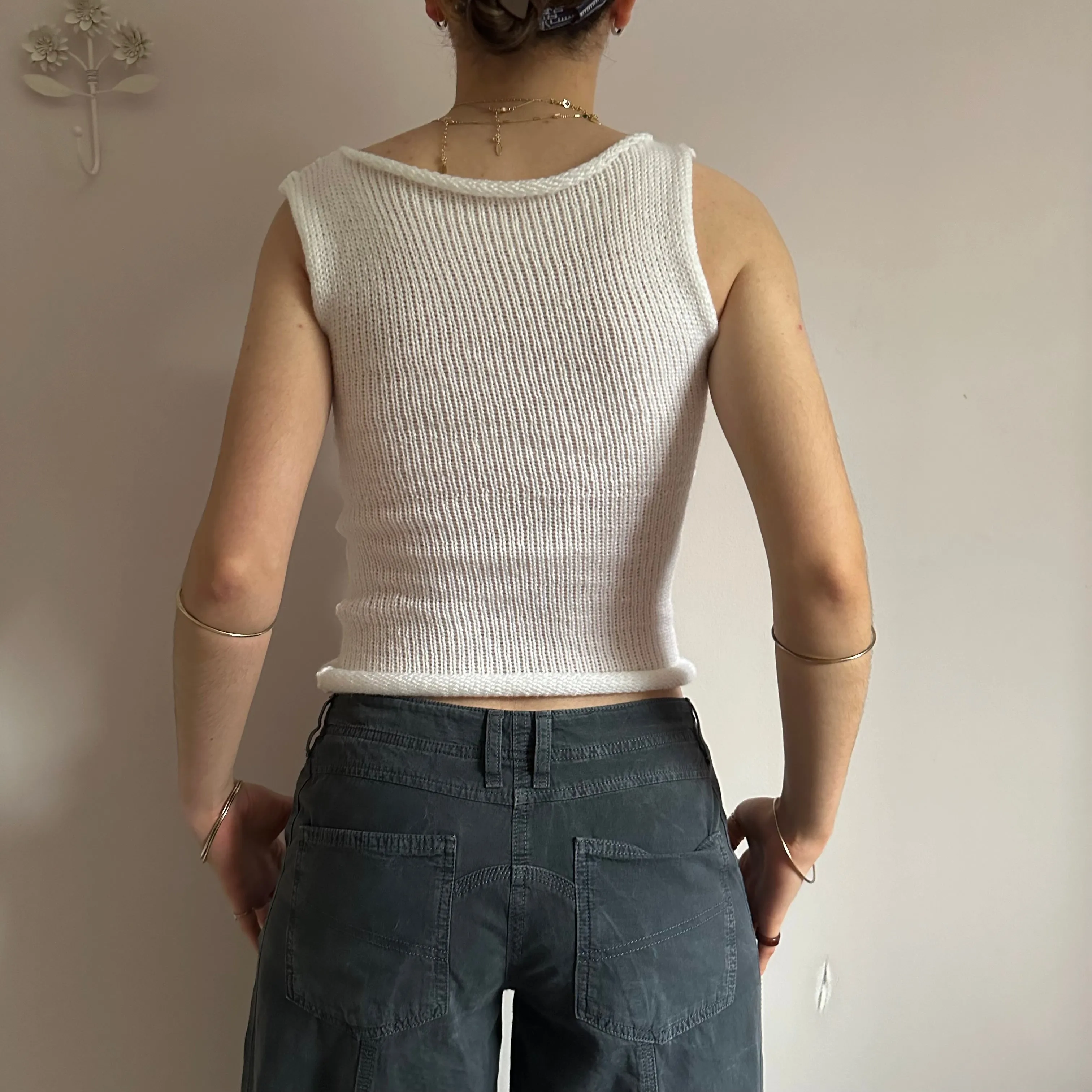 Handmade white off the shoulder knit vest