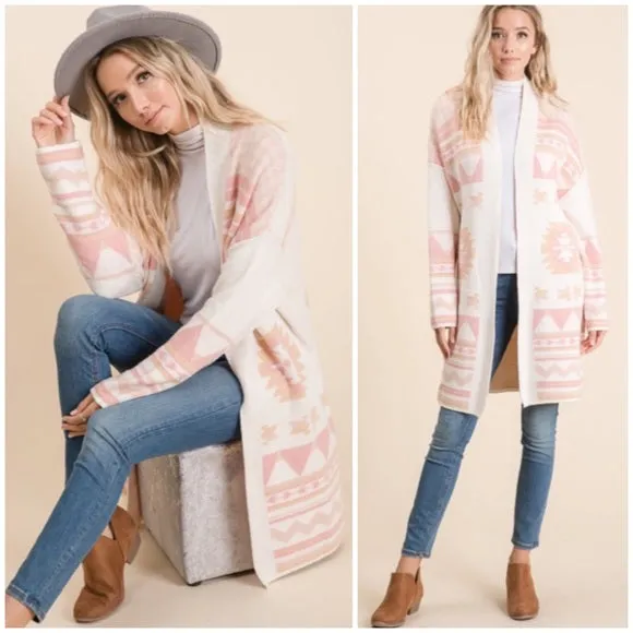 Ivory Pink Aztec Western Boho Print Blanket Cozy Knit Cardigan Sweater Women's