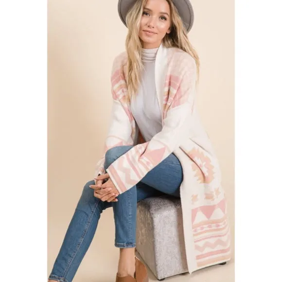 Ivory Pink Aztec Western Boho Print Blanket Cozy Knit Cardigan Sweater Women's