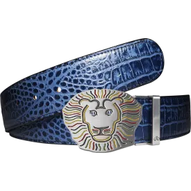 John Daly Lion Buckle and Crocodile Leather Belt in Blue