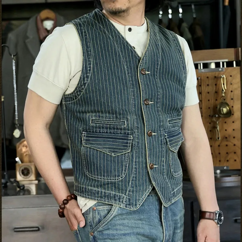 Men's Striped Denim Vest - Slim Fit Western Classic Style