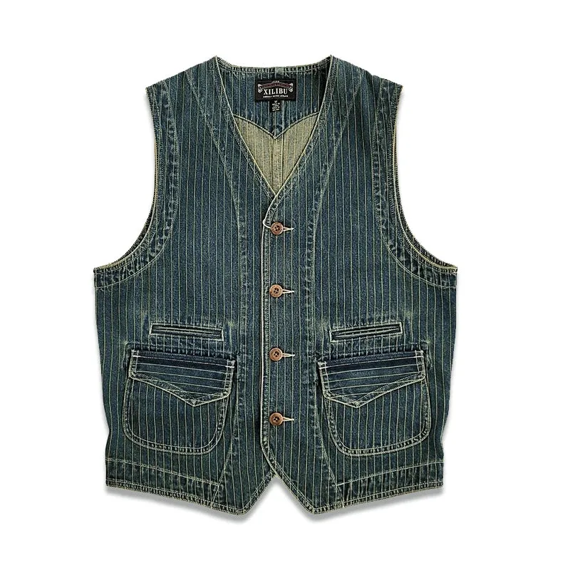 Men's Striped Denim Vest - Slim Fit Western Classic Style