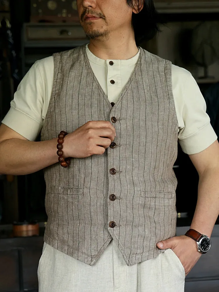 Men's Striped Linen Vest - V-neck Semi-Business