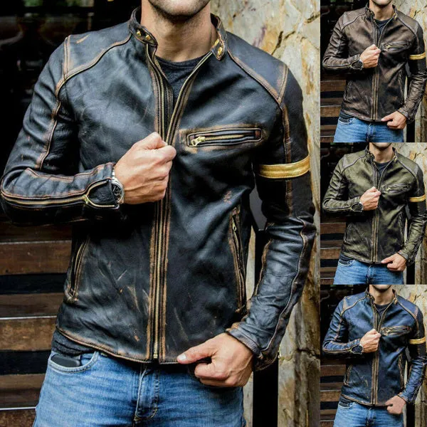 Men's Vintage Black Biker Leather Jacket Handcrafted, Distressed Cafe Racer Moto Style