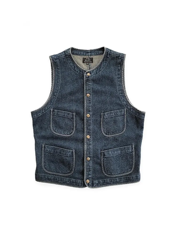 Men's Vintage Style Sleeveless Jacket with O-Neck and Pockets