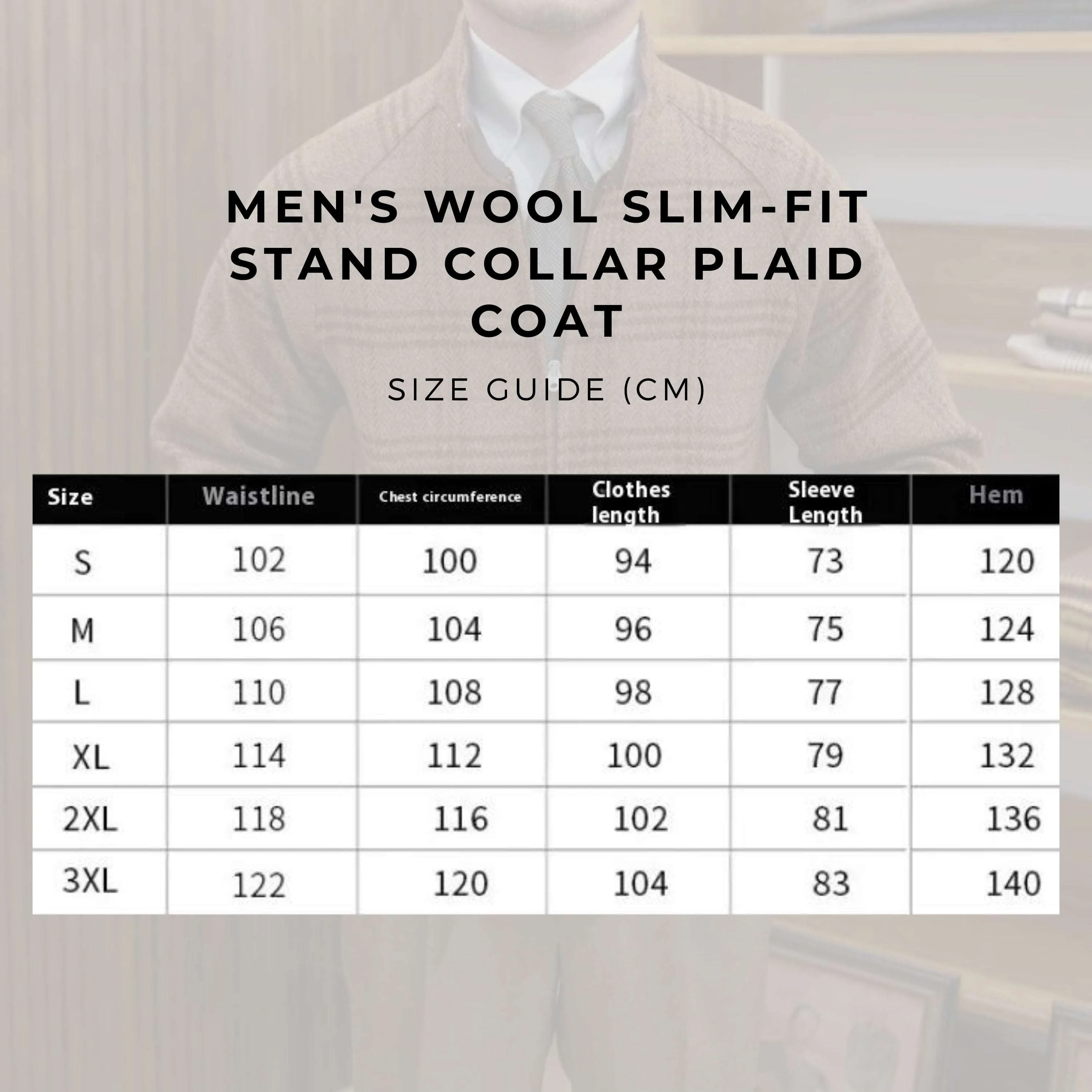 Men's Wool Slim-Fit Stand Collar Plaid Coat