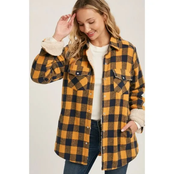 Mustard Buffalo Plaid Checkered Sherpa Lined Shacket Shirt Jacket Casual Womens