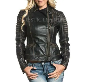 NEW WOMEN'S BLACK VINTAGE LAMB LEATHER MOTO JACKET