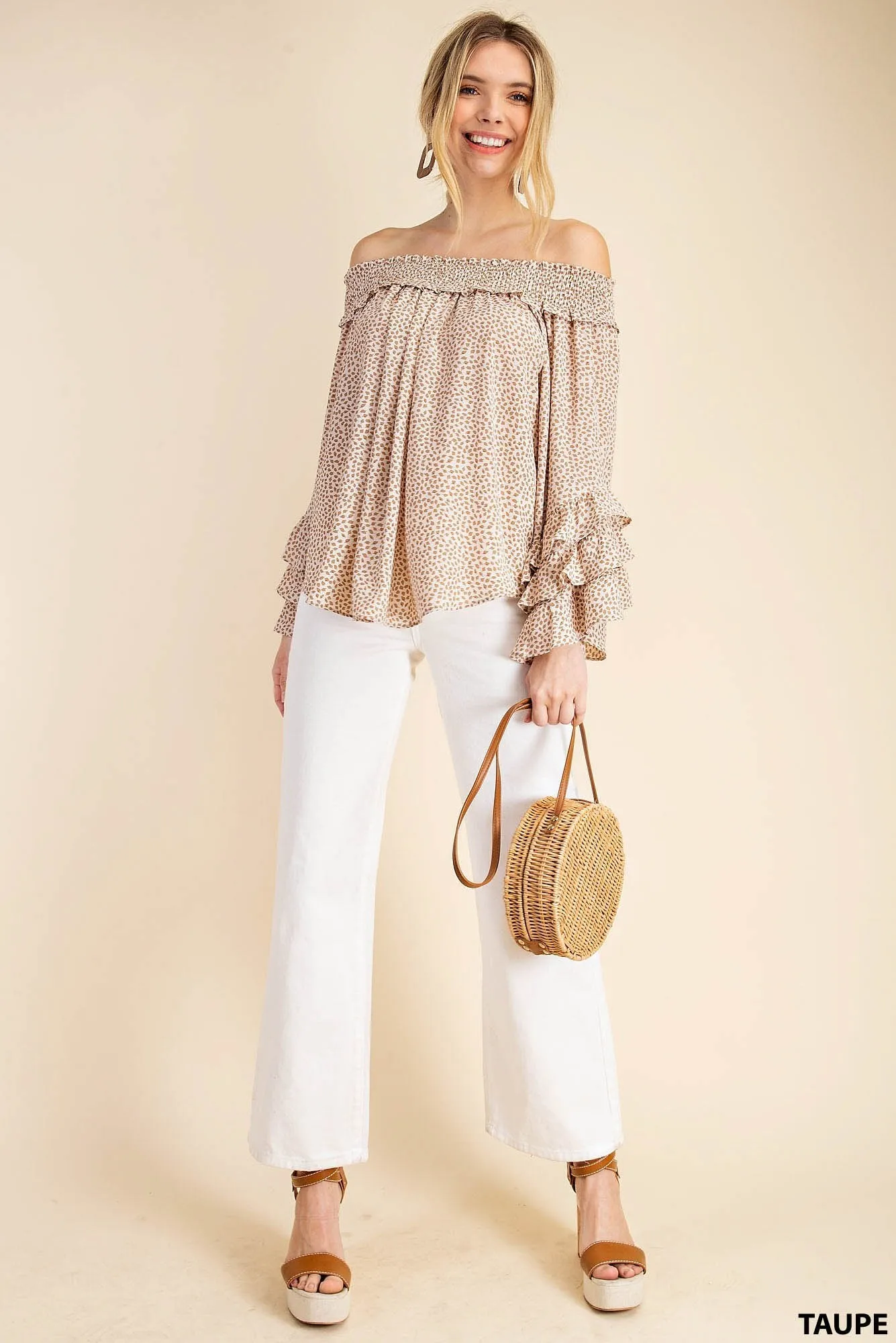 Off-the-shoulder tiered long sleeve blouse