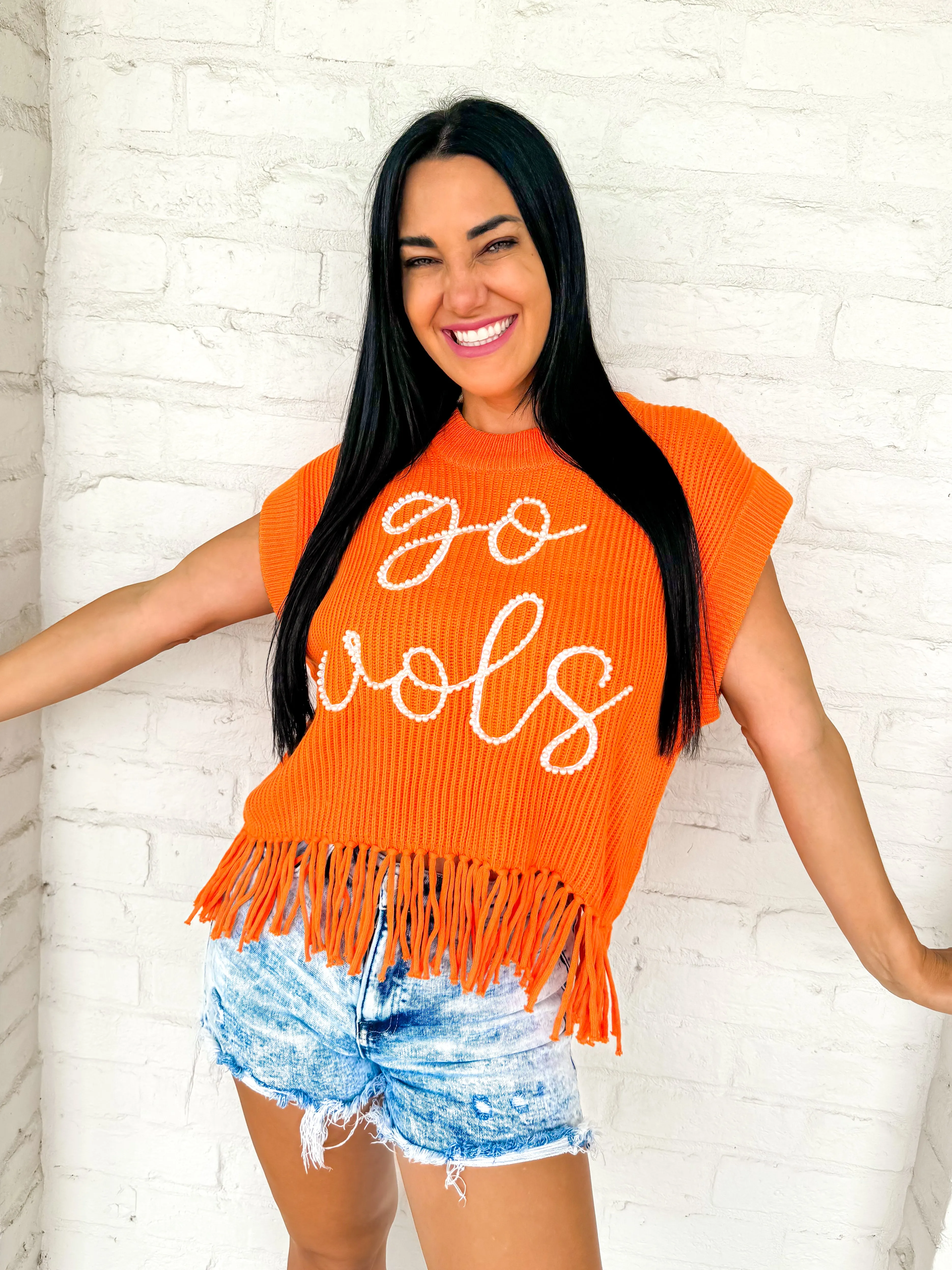 Queen Of Sparkles Orange Go Vols Fringe Sweater Vest