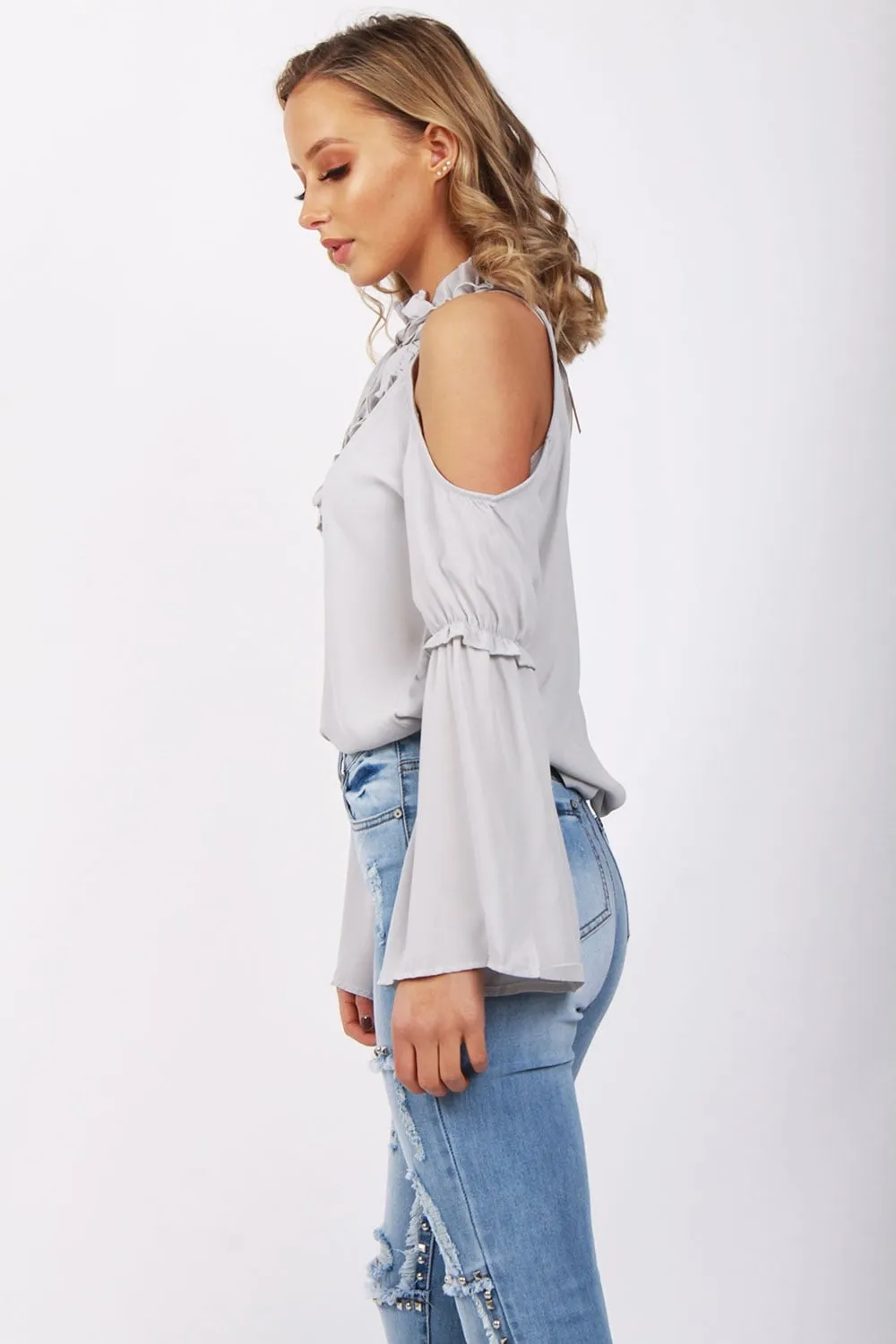 Ruffle Pleat Detail Cold Shoulder Flare Sleeve Blouse Top