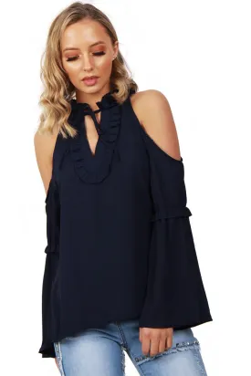 Ruffle Pleat Detail Cold Shoulder Flare Sleeve Blouse Top