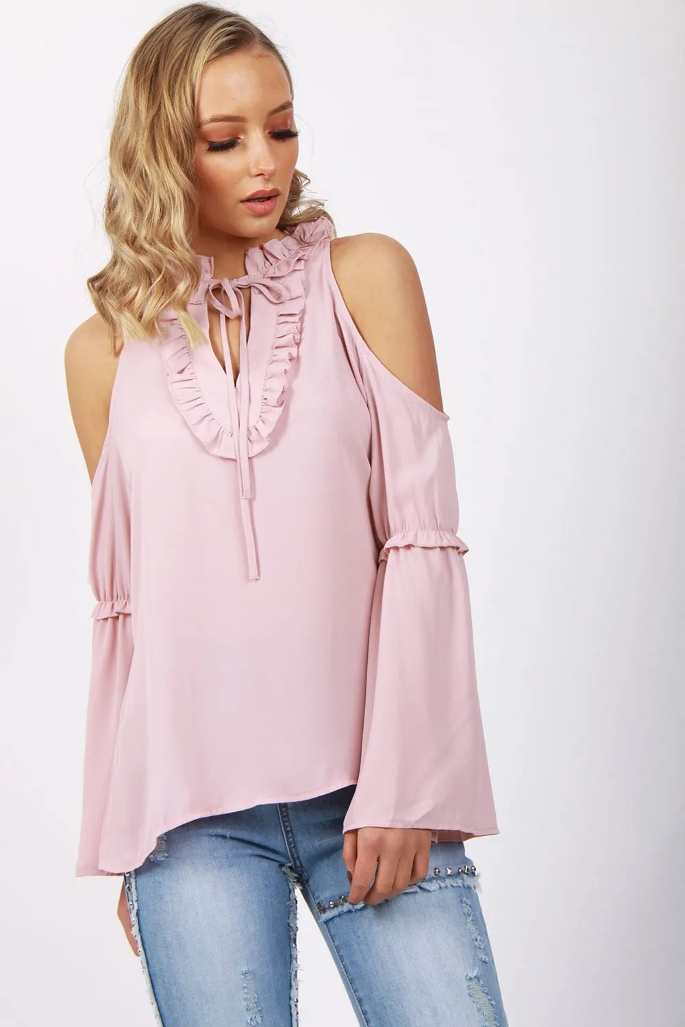 Ruffle Pleat Detail Cold Shoulder Flare Sleeve Blouse Top