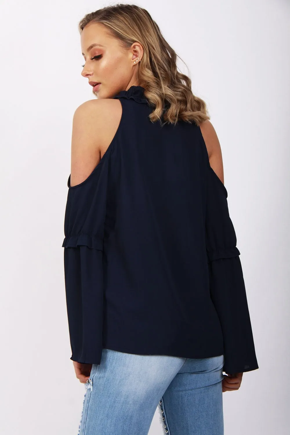 Ruffle Pleat Detail Cold Shoulder Flare Sleeve Blouse Top